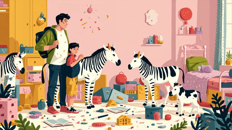 A boy and his father stand in a messy bedroom filled with black‑and‑white zebras, a cow and a small calf wandering among scattered toys and a notebook.