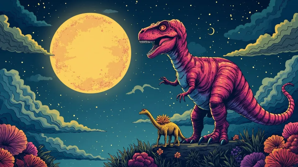 A towering red‑eyed dinosaur stands on a moonlit cliff at night while his mother watches anxiously beside him.