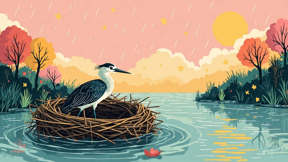 A small heron perches alone in a waterlogged nest on a rainy riverbank as stars appear and the nest lies empty.