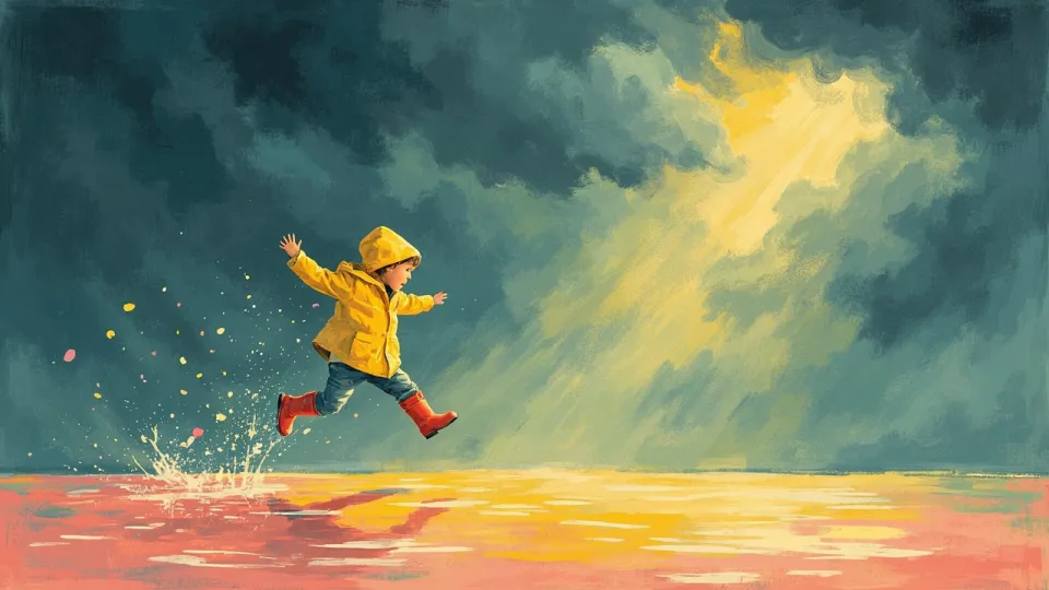 A child in a bright yellow raincoat and red boots jumps in puddles beneath a dark, stormy sky with faint sunlight breaking through.